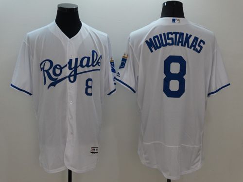 Royals #8 Mike Moustakas White Flexbase Authentic Collection Stitched MLB Jersey - Click Image to Close